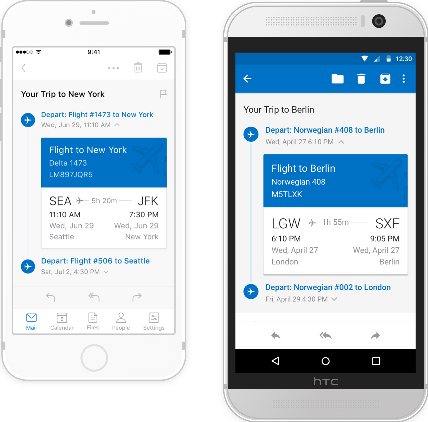 Teléfono con Outlook Mobile en el que se muestran experiencias de viaje diseñadas a medida